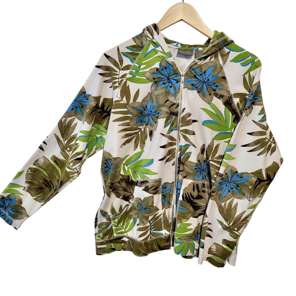 Chico's Additions Jacket Hooded Size 2‎ Full Zip Tropical Green Cotton/Spandex